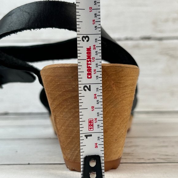 MIA Bety Sandals Womens 9M Black Leather Peep Toe Wooden Clogs Woven Adjustable - Picture 9 of 11